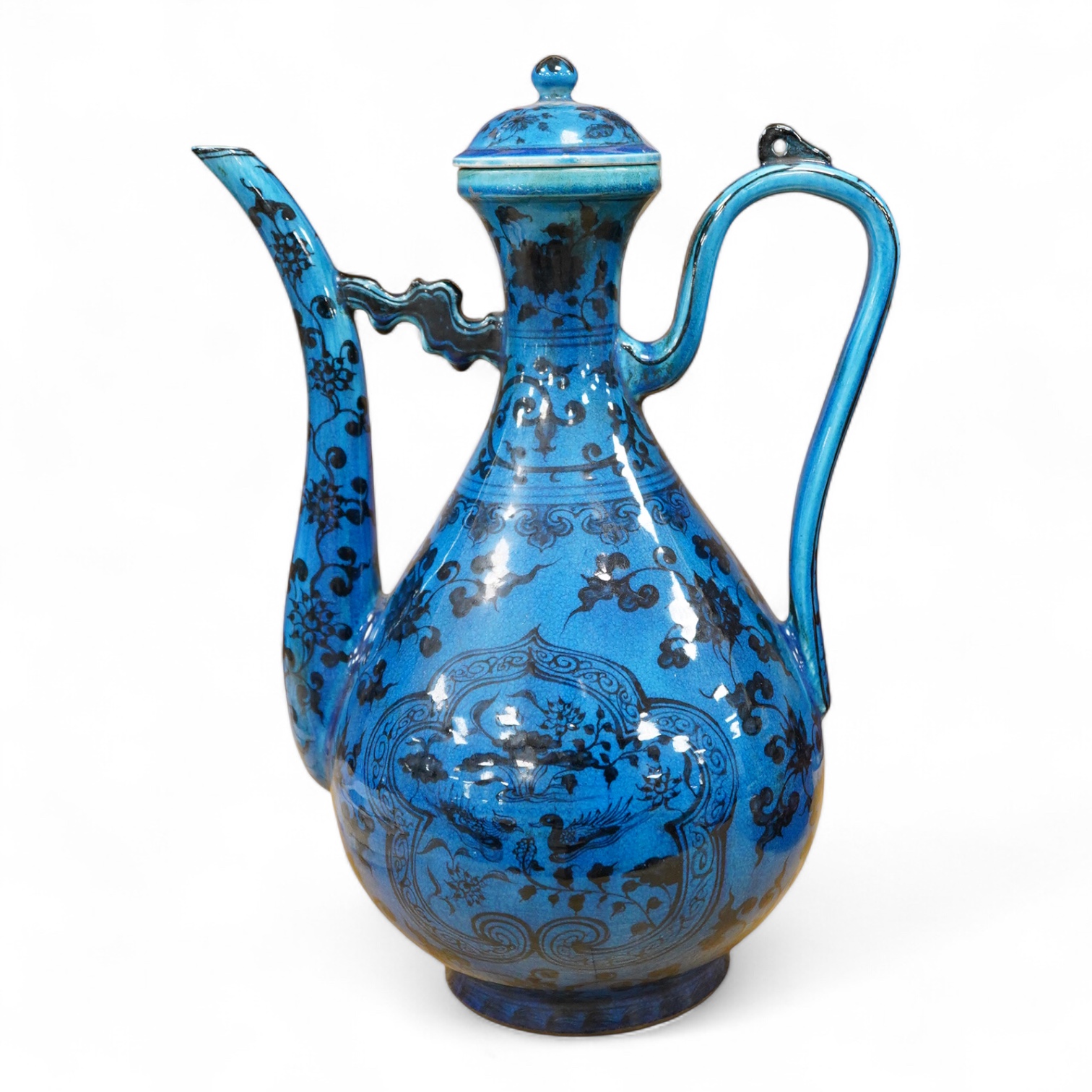 A Chinese blue glazed ewer and cover, 37cm high